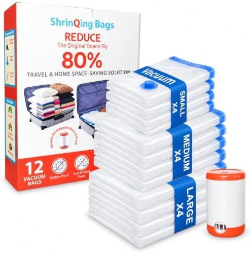 ShrinQing 12PCS Vacuum Storage Bags - with Rechargeable Electric Pump – Compression Vacuum Seal Bags for Travel, Luggage & Closet Organization – Space Saver Bags Set, 3 Sizes – Airtight, Reusable