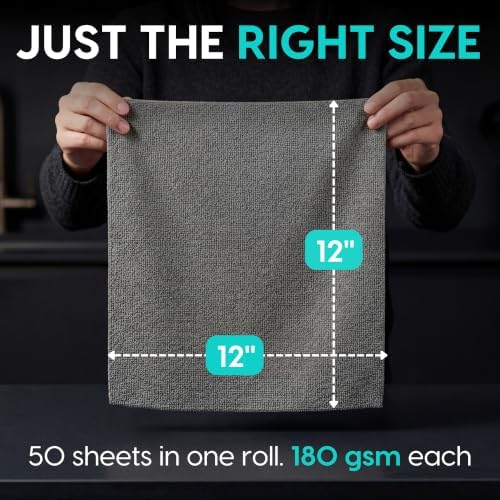 Microfiber Cleaning Cloth Roll Tearaway, 50 PCS Tear Away Towels, Reusable & Washable, Ultra Absorbent 12" x 12" Dish Rags for Car, Home, Kitchen,, 180 GSM Thickness, Paper Towel Alternative