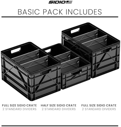 Basic Pack, Heavy Duty Stackable Storage Bins with Dividers, Black