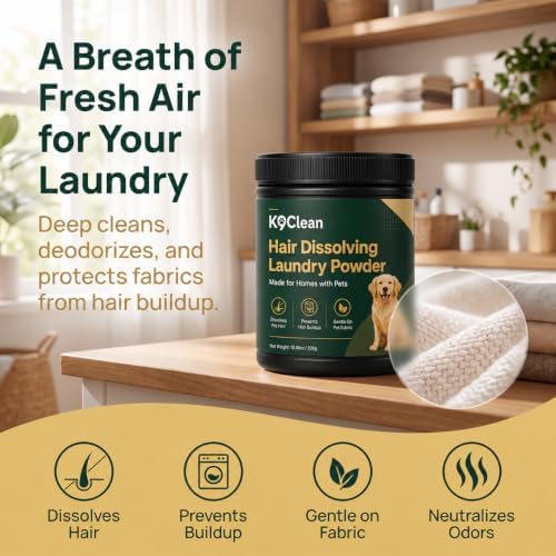 K9 Clean Pet Hair Dissolver, Hair Dissolver for Washing Machine, Enzyme Laundry Powder for Dog and Cat Coat, Helps Release Embedded Fur from Bedding, Clothes and Blankets, 10.58 oz