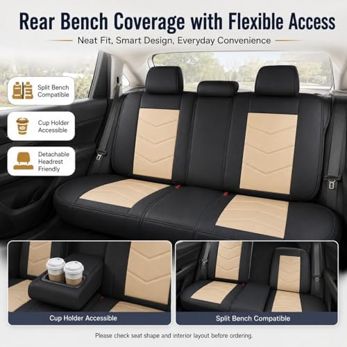 Car Seat Covers Full Set 5 Seats, Leather Car Seat Cover, Car Seat Cushion Waterproof, Front Seats Back Seat Covers, Car Seat Protector Universal Fit Trucks Vans SUVs Sedans Most Cars Black&Tan