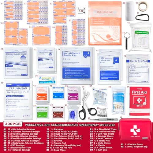 300 Piece First Aid Kit, Compact Waterproof First Aid Bag with 9 Organized Compartments, Portable Emergency Supplies Kit for Outdoor, Camping, Hiking, Car, Home, Travel, Office