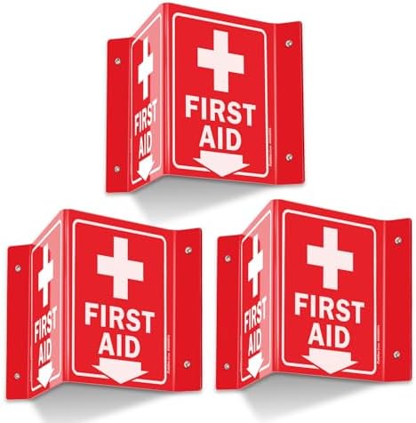 First Aid Sign, 3 Pack First Aid with Cross Symbol - 6 x 8 Inches V-Shaped Acrylic Plastic, 4 Pre-Drilled Holes, Includes Matching Screws, Use for Home Office/Business