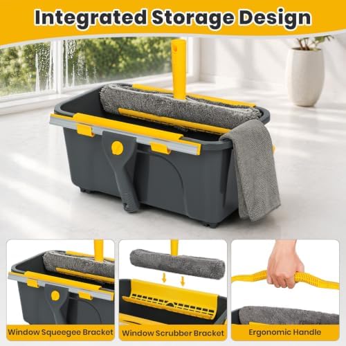 Window Cleaning Kit with Bucket, Squeegee and Scrubber for Home, Yellow