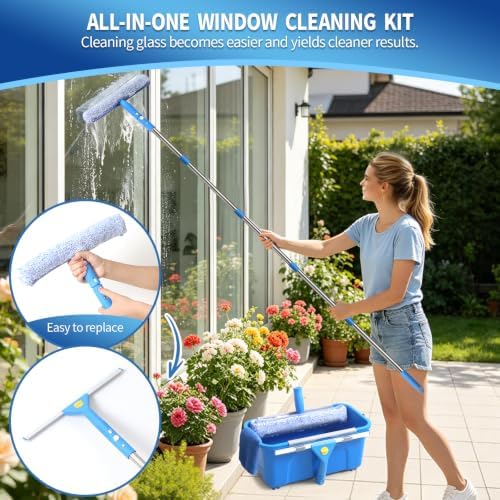 11PCS Window Cleaning Kit Washing Tool, Bucket 3 Gallon, 76 inch Long Handle Window Squeegee and Microfiber Scrubber,Equipped with Replaceable Squeegee and Scrubber for Home Business Use