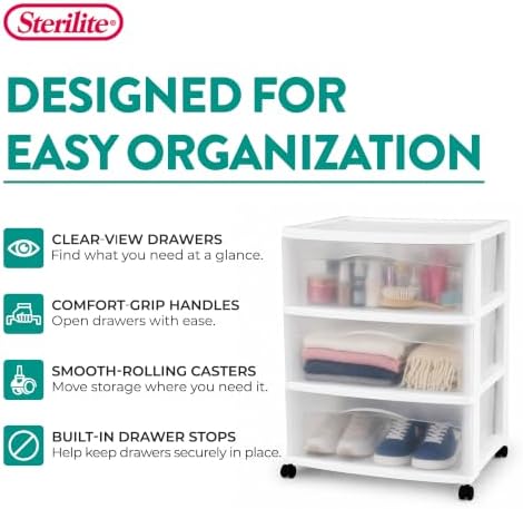Wide 3 Drawer Storage Cart Plastic Rolling Organizer, White Frame