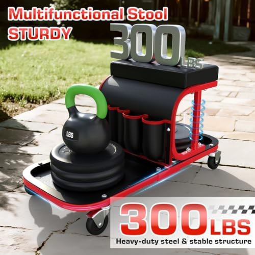 Rolling Shop Stool Chair with Wheels, Mechanic Garage Stool on Wheels, Auto Car Detailing Stools Seat with Tool Tray Storage for Garage Work, Workshop, Home, Garden, DIY, 300 LBS Capacity,Red