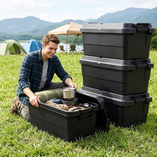 74 QT Storage Bins with Lids, Heavy Duty, Black, Stackable, 4-Pack
