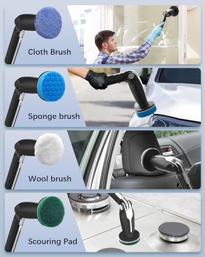 Electric Spin Scrubber, Shower Scrubber with 4 Adjustable Angles and 8 Brush Heads, Electric Scrubber with Long Handle & Remote Controller, Cleaning Brush for Bathroom, Tub, Floor (Black)