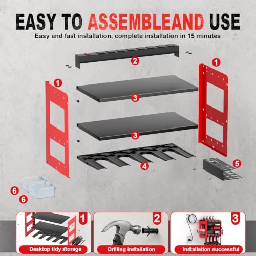 Power Tool Organizer with Charging Station, Wall Mounted 3-Tier Heavy Duty Garage Tool Organizer, 4 Cordless Drill Holders, Battery Storage Shelf, 150 lb Capacity
