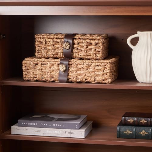Decorative Box with Lid, Wicker Storage Basket, Water Hyacinth Woven Decorative box for Shelf, Coffee Table, Console Table, Home Decor (Large)