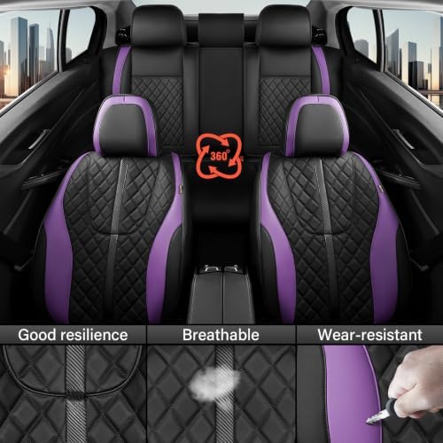 Leather Car Seat Covers Full Set, Black and Purple Seat Cover, Luxury Diamond-Pattern Leather Seat Covers & Carbon Fiber, Durable Waterproof Car Seat Protectors Universal Fit for Most Cars