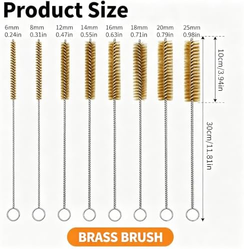 Brass Wire Tube Brush Set, 8 Sizes 6-25mm 11.8in, for Auto & Pipe Cleaning