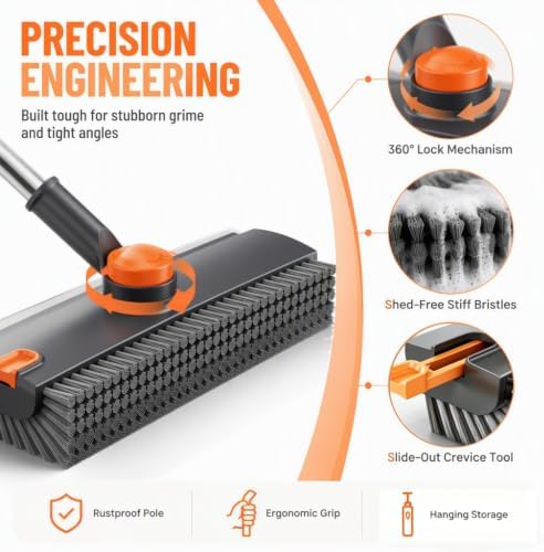 3-in-1 Floor Scrub Brush with Long Handle, Rotating Head Squeegee & Tweezer