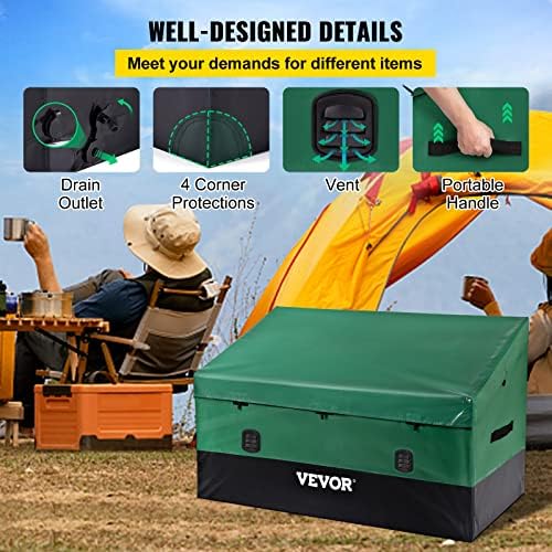 Outdoor Storage Box, 150 Gallon Waterproof PE Tarpaulin Deck Box w/Galvanized Frame, All-Weather Protection & Portable, for Camping, Garden, Poolside, and Yard, Black & Green