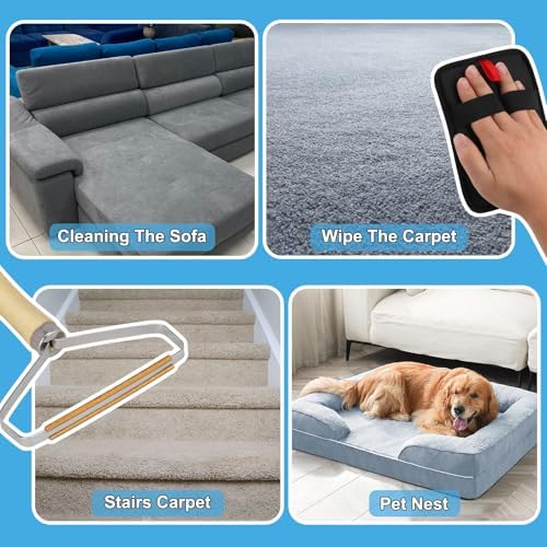 Carpet Rake for Pet Hair Removal, Reusable Pet Hair Remover Broom, 60'' Adjustable Long Handle Dog and Cat Hair Remover Tool Set of 3, Lint Remover Scraper for Carpets, Rugs, Mats, Couch, Car