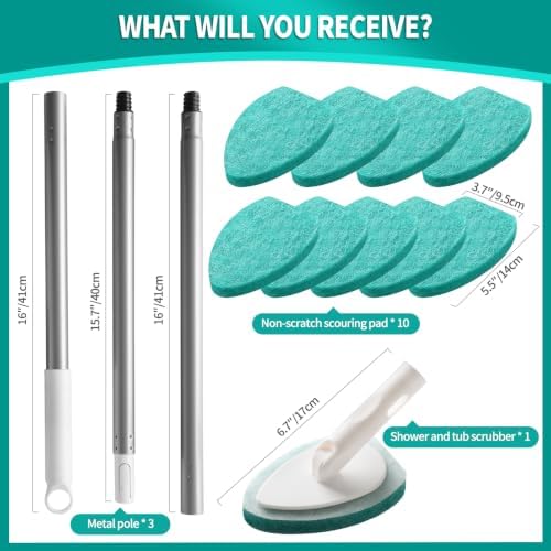 Professional Shower Scrubber with Long Handle, Shower Cleaner Brush, Shower and tub Scrubber with 10 PCS Non-Scratch Scouring Pads for Bathroom Shower and tub