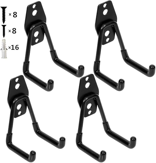 Garage Storage Utility Double Hooks, Heavy Duty Wall Mount Organizer Tool Hanger With Anti-Slip Coating (4 Pack Black 3"