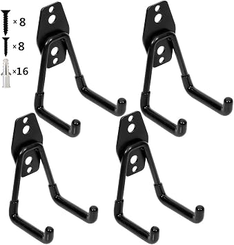 Garage Storage Utility Double Hooks, Heavy Duty Wall Mount Organizer Tool Hanger With Anti-Slip Coating (4 Pack Black 3"