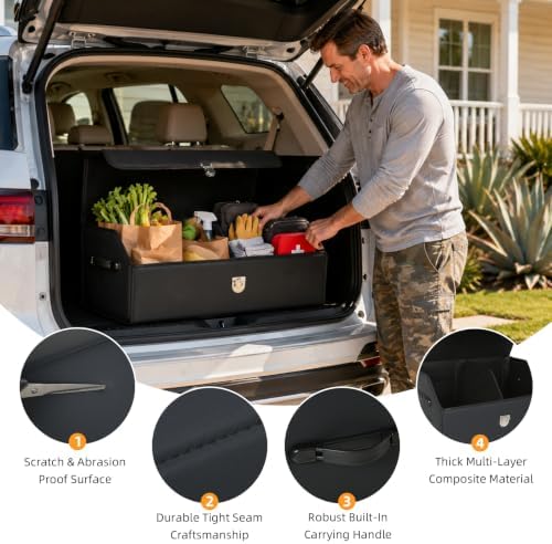 Car Trunk Organizer with Sturdy Faux Leather Lid - 20.9 inch 48L