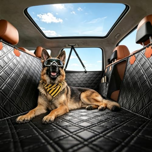 Back Seat Extender for Dogs, PU Leather Dog Car Seat Cover for Back Seat with Hard Bottom, Dog Hammock with Mesh Window, Dog Car Seat Cover for Sedans SUVs Small Trucks, Holds 440 lbs