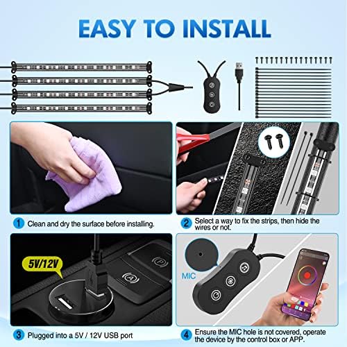 4PCS USB Car Interior Neon Accent Lights RGB App and Button Control