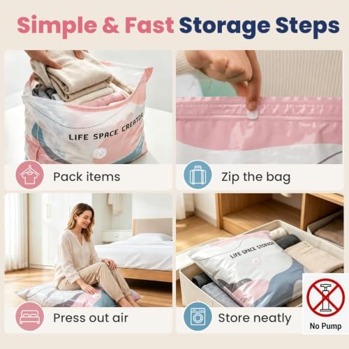 5PCS No Pump Vacuum Storage Bags, No Pump Large Vacuum Storage Compression Bags, Thick Airtight Reusable Organizer for Clothes Comforters Travel Moving Closet Storage (L)