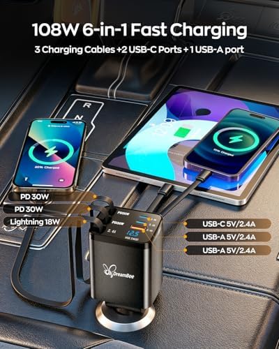 Retractable Car Charger,108W 6 in 1 Super Fast Car Phone Charger with 3 Cords 31.5INCH, USB C Car Charger Adapter for iPhone 18/17/16/15/14/13 Pro Max XR,iPad,Samsung