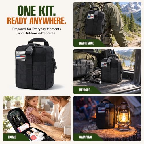 246 Piece First Aid Kit with Tourniquet and MOLLE Pouch, Portable Emergency Supplies and Survival Gear for Camping, Hiking, Travel, Car and Home, Black