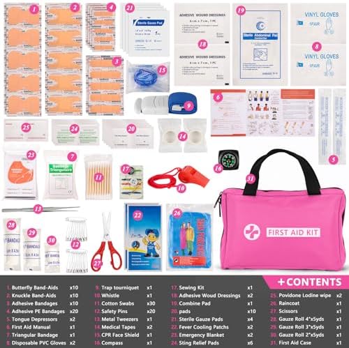 Car Emergency Kit with Portable Air Compressor - Roadside Assistance Emergency Kit with Jumper Cables, First Aid Kit, Auto Tool Set, Winter Safety Kit for Women, Men, Teen (Pink)