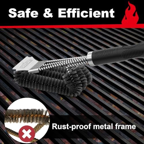 Grill Brush, 18'' Extra-Strong Handle, BBQ Cleaner with Scraper