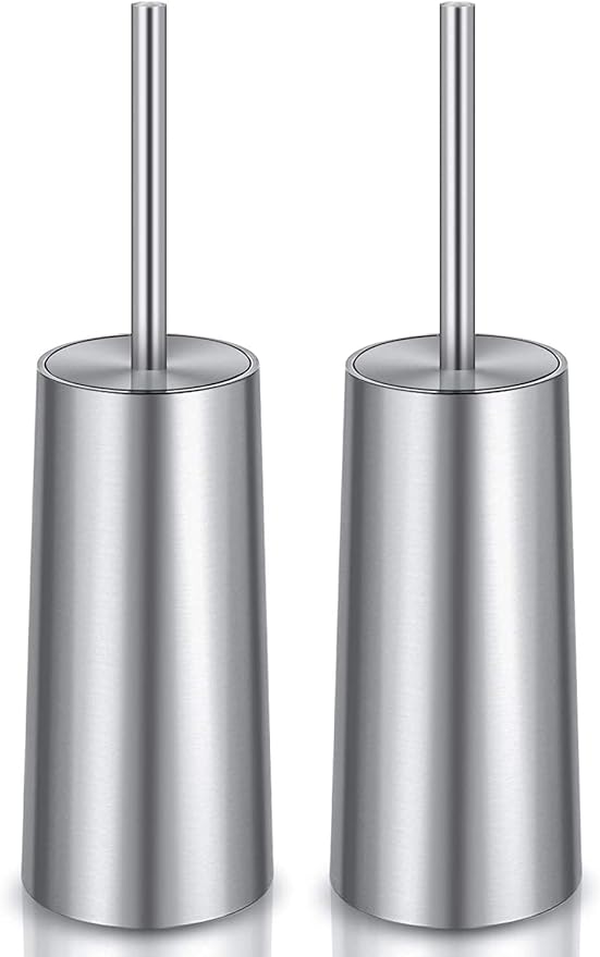 Toilet Brush and Holder, 2 Pack Toilet Brush with 304 Stainless Steel Long Handle, Toilet Bowl Brush for Bathroom Toilet-Ergonomic, Elegant,Durable (Silver)