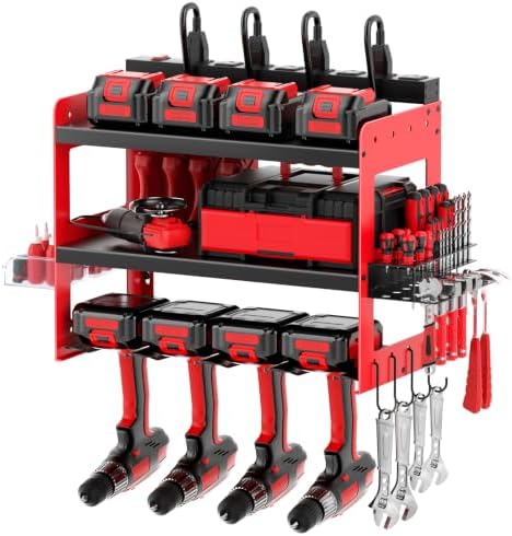 Power Tool Organizer with Charging Station, Wall Mounted 3-Tier Heavy Duty Garage Tool Organizer, 4 Cordless Drill Holders, Battery Storage Shelf, 150 lb Capacity