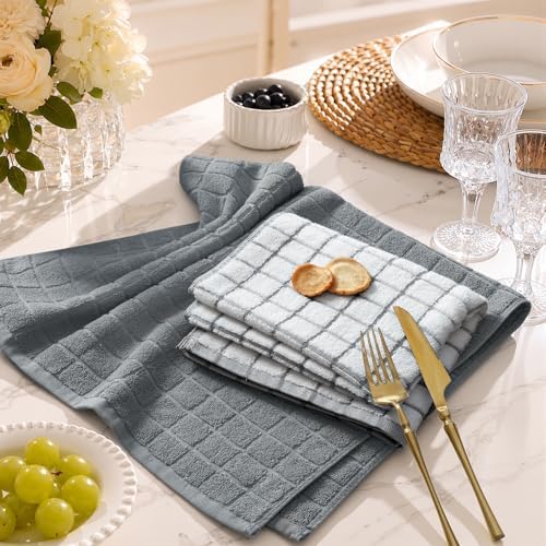 Premium 100% Cotton Terry Kitchen Towels 6 Pack, 16"x 28", Grey