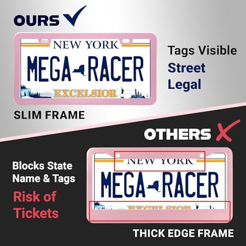 Premium Slim Princess Pink License Plate Frames, 2 Pack, Thin Edge, Metal