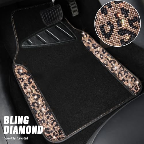 Bling Diamond Car Floor Mats, Shining Rhinestone Carpet Sparkly Glitter Crystal with Anti-Slip PVC Heel Pad Waterproof Universal Fit Automotive SUV,Sedan,Van,Cute Girl Women,4pcs Gold Leopard