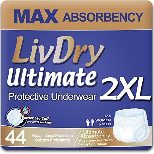 Ultimate 2XL Adult Incontinence Underwear, Max Absorbent Diapers for Women and Men, XXL 60” -80" Waist, Leak Proof Cuff, XX-Large, 44 Pack