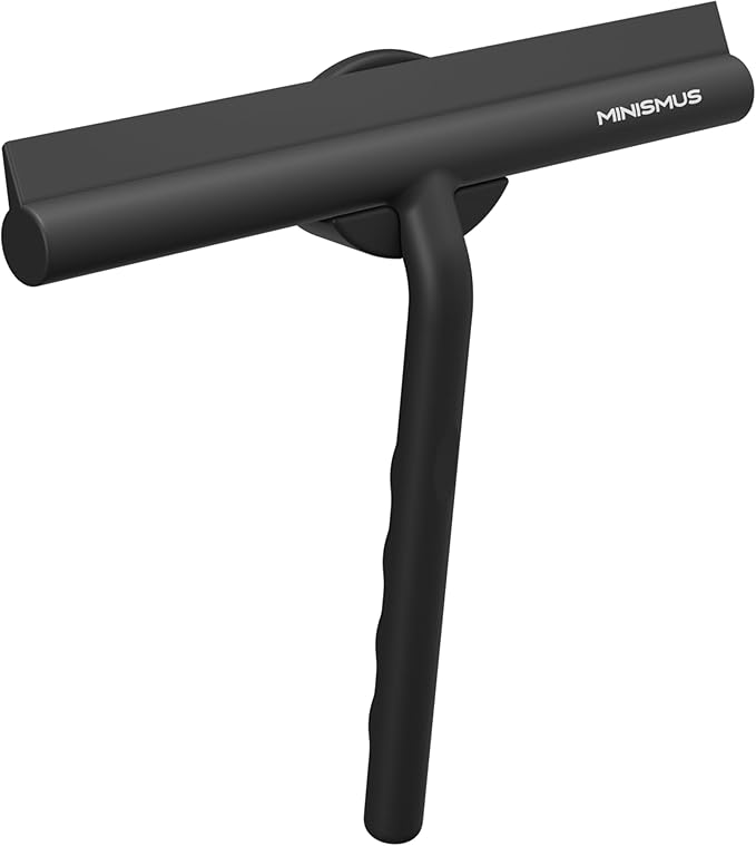Minismus Shower Squeegee with Magnetic Hook - Silicone Window Wiper with Adhesive Wall Mounted Hanger - Shower Squeegee for Glass Doors - Rubber Squeegee - Shower Glass Cleaner (8.25 inches, Black)