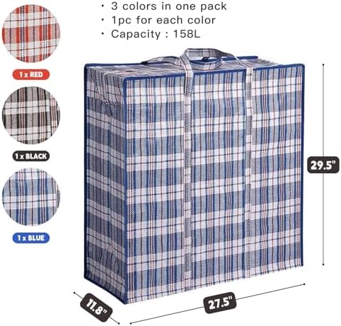 3 Pack 158L Extra Large Moving Bags - Zippers & Wrap-Around Handles