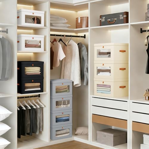 Storage Bins with Lids - 4 Pack Large Fabric Closet Organizer with Window & Handles, Collapsible Decorative Storage Boxes for Shelves Under Bed, Books Clothes Blankets Sweaters Organization