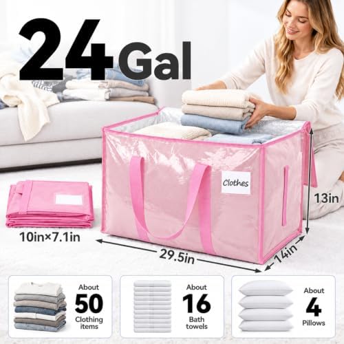 8 Pack 24 Gal Heavy Duty Moving Bags, Extra Large Storage Totes Zipper, Reinforced Handles, Label Window, Pink, Reusable Tote (Pink, 8 Pack)