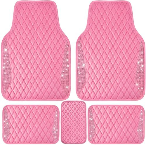 Bling Leather Car Mats Shining Diamond Floor Mats Crystal Rhinestones Sparkly Glitter Carpet Anti-Slip Waterproof Pad Universal Fit for Automotive SUV, Sedan, Van, 5pcs for Girl Women Pink