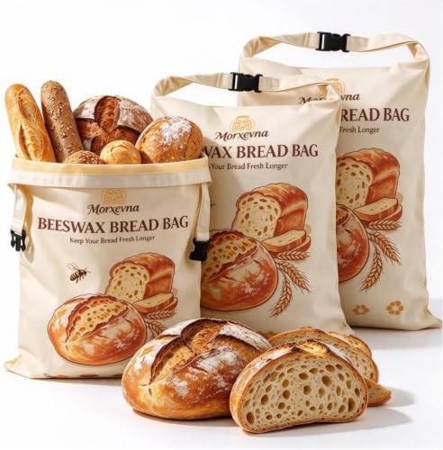 3 Pack Cotton Reusable Beeswax Bread Bags, 17“ × 13”, XL Large