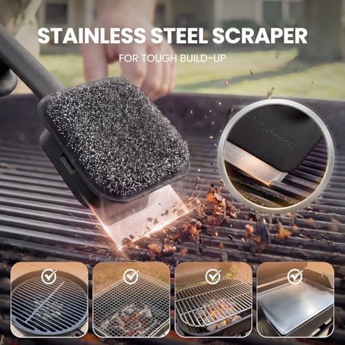 Bristle-Free BBQ Grill Brush - No Wire Risk Steam Cleaner Removes Burnt Grease Fast - 17" Cool-Touch Handle, Scraper & 3 Replaceable Heads for Gas, Charcoal & Cast Iron