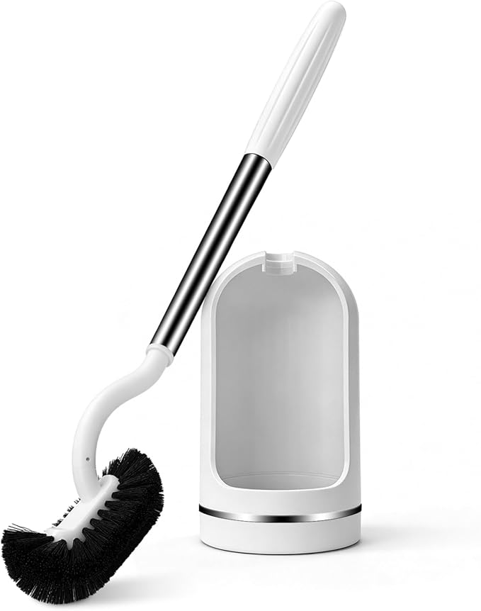 Toilet Brush and Holder Set, Curved Toilet Brush with Stainless Steel Handle, Under Rim Toilet Bowl Brush for Deep Cleaning, Drip-Proof, White