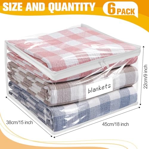 Plastic Storage Bags with Easy-Glide Zipper, Pack of 6, Durable Clear Vinyl Zippered Storage Bags for Clothes Sweaters Comforters Blankets Sheets Bedding (18 x 15 x 9 Inch, Transparent White)