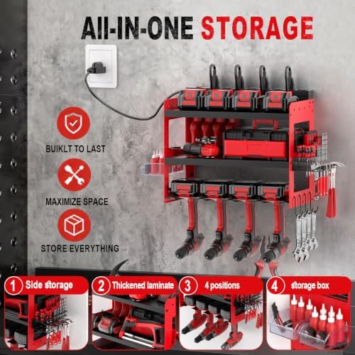 Power Tool Organizer with Charging Station, Wall Mounted 3-Tier Heavy Duty Garage Tool Organizer, 4 Cordless Drill Holders, Battery Storage Shelf, 150 lb Capacity