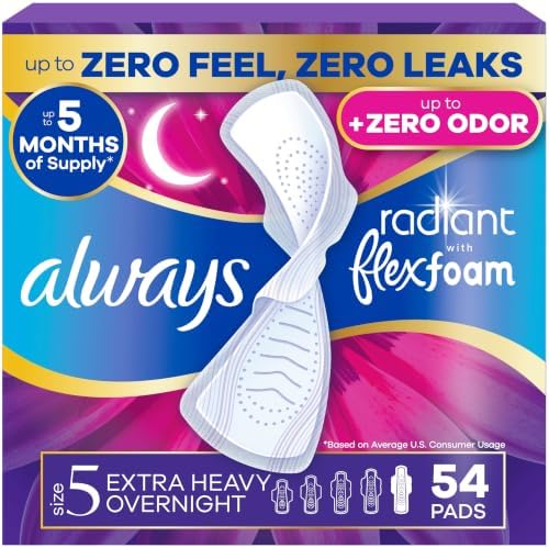 Radiant Feminine Pads for Women, Flexfoam Pads with Wings, Size 5, Extra Heavy Overnight Absorbency, Lightly Scented, 54 Count (3 Packs of 18)