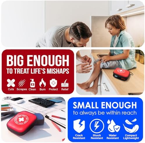 Mini-Aid First Aid Kit | Compact & Lightweight Case with Carabiners for Travel | Family & Kid Friendly 180 Pcs Wound Care Supplies for School, Work, Outdoor, Home & Office | Pack of 3