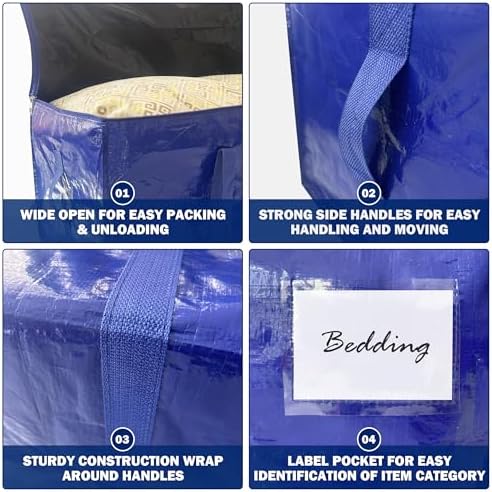 8 Pack Extra Heavy Duty Large Moving Bags with Strong Zipper & Carrying Handles, Sturdy Clothes Storage Bags Totes Bins, Packing Bag Move Boxes College Moving Supplies, Dark Blue - 24 gal